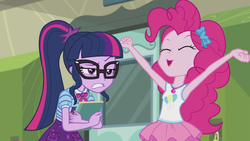 Size: 1920x1080 | Tagged: safe, screencap, pinkie pie, sci-twi, twilight sparkle, equestria girls, g4, my little pony equestria girls: better together, stressed in show, stressed in show: pinkie pie, annoyed, armpits, book, bow, clothes, duo, eyes closed, geode of sugar bombs, geode of telekinesis, hairband, jewelry, magical geodes, necklace, open mouth, open smile, polo shirt, rah rah skirt, skirt, sleeveless, smiling, tank top