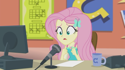 Size: 1920x1080 | Tagged: safe, screencap, fluttershy, equestria girls, fluttershy's butterflies, fluttershy's butterflies: rainbow dash, g4, my little pony equestria girls: better together, coffee mug, computer, female, geode of fauna, magical geodes, microphone, microphone stand, mug, solo