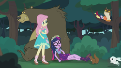 Size: 1920x1080 | Tagged: safe, screencap, constance, fluttershy, harry, sci-twi, twilight sparkle, bear, bird, owl, rabbit, songbird, squirrel, equestria girls, g4, my little pony equestria girls: better together, stressed in show, stressed in show: fluttershy, animal, boots, forest, mud, muddy, shoes