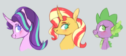 Size: 1300x584 | Tagged: safe, artist:xenon, spike, starlight glimmer, sunset shimmer, dragon, pony, unicorn, g4, :t, blushing, bust, curved horn, eyelashes, fangs, female, gray background, horn, lidded eyes, looking at you, looking back, male, mare, simple background, smiling, trio, two toned mane