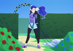 Size: 6381x4452 | Tagged: safe, artist:carnifex, princess luna, human, g4, absurd resolution, clothes, commission, female, flower, garden, harness, humanized, leggings, parachute, ponytail, rose, shirt, shoes, shorts, sneakers, solo, t-shirt, tack