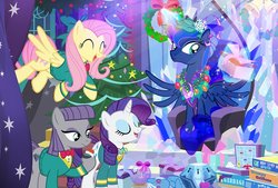 Size: 1000x675 | Tagged: safe, artist:pixelkitties, boulder (g4), fluttershy, maud pie, princess luna, rarity, trixie, alicorn, earth pony, pegasus, pony, unicorn, g4, ^^, bauble, board game, bottomless, bowtie, chest of harmony, christmas, christmas presents, christmas tree, clothes, eyes closed, female, garbage day, glowing horn, hat, hearth's warming, holiday, horn, jewelry, magic, mare, partial nudity, plushie, ponytones, ponytones outfit, present, santa hat, snow globe, sweater, sweatershy, telekinesis, tree, wreath