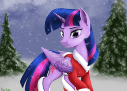 Size: 3500x2500 | Tagged: safe, artist:pony-stark, twilight sparkle, alicorn, pony, g4, christmas, female, high res, holiday, looking at you, pine tree, smiling, solo, tree, twilight sparkle (alicorn)