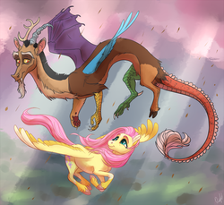 Size: 1383x1267 | Tagged: safe, artist:ingabygvh, discord, fluttershy, draconequus, pegasus, pony, g4, chocolate, chocolate rain, colored hooves, crepuscular rays, duo, female, flying, food, looking at each other, male, rain, realistic horse legs, ship:discoshy, shipping, sky, smiling, spread wings, straight, unshorn fetlocks, windswept hair, windswept mane, wings