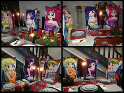 Size: 6528x4900 | Tagged: safe, applejack, fluttershy, pinkie pie, rainbow dash, rarity, twilight sparkle, human, g4, absurd resolution, armpits, candle, humanized, mane six, pillow, waifu dinner