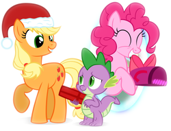 Size: 532x407 | Tagged: safe, artist:navitaserussirus, applejack, pinkie pie, spike, dragon, g4, christmas, holiday