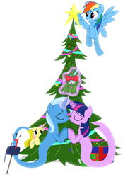 Size: 750x1080 | Tagged: safe, artist:navitaserussirus, fluttershy, rainbow dash, trixie, twilight sparkle, genie, g4, christmas, christmas tree, female, holiday, lesbian, mailbox, mistletoe, present, ship:twixie, shipping, tree