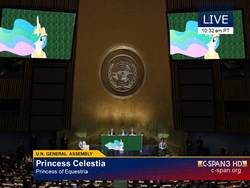 Size: 960x720 | Tagged: safe, artist:bobby165324, princess celestia, alicorn, human, pony, g4, c-span, c-span3, female, irl, irl human, mare, news, photo, ponies in real life, united nations