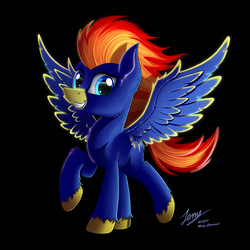 Size: 2500x2500 | Tagged: safe, artist:duskie-06, oc, oc only, oc:level dasher, pegasus, pony, black background, high res, male, simple background, smiling, solo, spread wings, stallion, wings