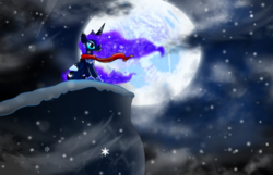 Size: 2500x1610 | Tagged: safe, artist:lifes-remedy, princess luna, alicorn, pony, g4, blizzard, cliff, clothes, female, full moon, looking at you, mare, moon, night, scarf, sitting, snow, snowfall, solo