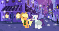 Size: 1024x540 | Tagged: safe, artist:xmelodyskyx, applejack, rarity, pony, g4, canterlot, clothes, female, lesbian, scarf, ship:rarijack, shipping, snow