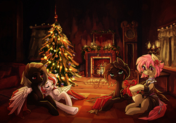 Size: 2090x1462 | Tagged: safe, artist:koviry, oc, oc only, earth pony, pegasus, pony, unicorn, christmas, christmas tree, clothes, commission, female, fireplace, holiday, hug, looking at you, mare, night, present, sleeping, smiling, tree, winghug