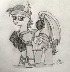 Size: 1908x1936 | Tagged: safe, artist:sensko, bat pony, pony, bomb, grayscale, monochrome, pencil drawing, sapper, simple background, solo, traditional art, weapon, white background, wing claws