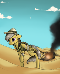 Size: 1050x1300 | Tagged: safe, artist:sinrar, daring do, pegasus, pony, g4, bandage, clothes, crash, desert, female, fire, hat, injured, injured wing, mare, pith helmet, solo, train, train tracks, train wreck, uncharted