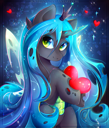 Size: 2400x2800 | Tagged: safe, artist:koveliana, queen chrysalis, changeling, changeling queen, g4, chromatic aberration, crown, cute, cutealis, female, heart, high res, jewelry, long mane, looking at you, queen, regalia, solo, sparkles, wings