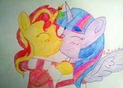 Size: 3221x2309 | Tagged: safe, artist:erynerikard, derpibooru exclusive, sunset shimmer, twilight sparkle, alicorn, pony, unicorn, g4, female, hearth's warming eve, high res, kissing, lesbian, mistletoe, ship:sunsetsparkle, shipping, twilight sparkle (alicorn)