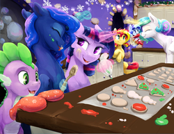 Size: 1980x1530 | Tagged: safe, artist:silfoe, princess celestia, princess luna, spike, sunset shimmer, twilight sparkle, oc, oc:sparkling sapphire, alicorn, dragon, pony, g4, cookie, cooking, eyes closed, female, food, glowing horn, happy, hearth's warming, horn, kitchen, lesbian, licking, licking lips, magic, magical lesbian spawn, mare, offspring, oven mitts, parent:sci-twi, parent:sunset shimmer, parents:scitwishimmer, ship:twiluna, shipping, smiling, telekinesis, tongue out, twilight sparkle (alicorn), twilight's castle, wings