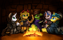 Size: 2930x1897 | Tagged: safe, artist:pridark, oc, oc only, oc:analogue, oc:free quill, oc:free speech, oc:light landstrider, pony, bonfire, clothes, commission, dungeons and dragons, fire, glasses, sitting, stone, wall