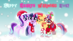 Size: 1024x576 | Tagged: safe, artist:sailortrekkie92, moondancer, starlight glimmer, sunset shimmer, twilight sparkle, alicorn, pony, unicorn, g4, christmas, female, hat, holiday, looking at you, mare, santa hat, smiling, twilight sparkle (alicorn)