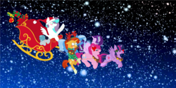 Size: 2190x1096 | Tagged: safe, artist:1313jaysong1313, pinkie pie, starlight glimmer, sunburst, trixie, twilight sparkle, oc, oc:autotune, oc:jay song, alicorn, pony, g4, christmas, flying, holiday, snow, snowfall, tongue out, twilight sparkle (alicorn)