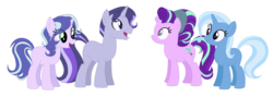Size: 1328x475 | Tagged: safe, artist:gallantserver, starlight glimmer, trixie, oc, g4, broken horn, family, female, horn, lesbian, magical lesbian spawn, offspring, parent:starlight glimmer, parent:trixie, parents:startrix, ship:startrix, shipping, simple background, transparent background