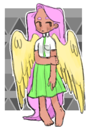 Size: 608x886 | Tagged: safe, artist:milky-rabbit, fluttershy, human, g4, barefoot, blushing, clothes, feet, female, humanized, skirt, solo, winged humanization, wings