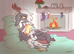 Size: 1280x936 | Tagged: safe, artist:flourret, oc, oc only, oc:blurry flare, oc:willow wisp, draconequus, hybrid, pegasus, pony, spider, christmas, christmas stocking, draconequus oc, female, fireplace, holiday, interspecies offspring, offspring, parent:discord, parent:fluttershy, parent:rainbow dash, parent:soarin', parents:discoshy, parents:soarindash, rainbow hair, sleeping