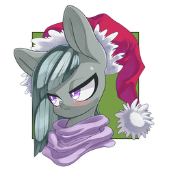 Size: 3000x3000 | Tagged: safe, artist:kaikoinu, artist:thepolymath, edit, marble pie, earth pony, pony, g4, blushing, bust, christmas, clothes, cute, female, hat, high res, holiday, looking away, mare, nervous, portrait, santa hat, scarf, shy, simple background, solo, white background
