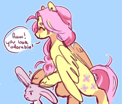 Size: 907x775 | Tagged: safe, artist:milky-rabbit, angel bunny, fluttershy, pegasus, pony, rabbit, g4, annoyed, blue background, dialogue, eyes closed, female, happy, mare, petting, simple background, smiling, solo, speech bubble