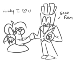 Size: 831x682 | Tagged: safe, artist:jargon scott, oc, oc only, oc:panne, bat pony, bat pony oc, bowtie, clothes, dialogue, dress, fam, food, french fries, heart, lineart, marriage, mcdonald's, ring, smiling, suit, that pony sure does love fries, wat, wedding, wedding ring
