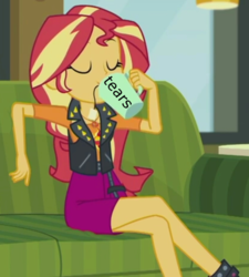 Size: 800x890 | Tagged: safe, edit, edited screencap, screencap, sunset shimmer, equestria girls, g4, my little pony equestria girls: better together, text support, text support: sunset shimmer, cropped, drinking, drinking tears, female, food, geode of empathy, image macro, magical geodes, meme, solo, tea, your tears are delicious