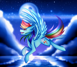 Size: 3484x3000 | Tagged: safe, artist:kurochhi, rainbow dash, pegasus, pony, g4, female, flying, full moon, high res, mare, moon, night, open mouth, redo, solo, stars