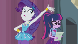 Size: 1272x716 | Tagged: safe, screencap, rarity, sci-twi, twilight sparkle, equestria girls, g4, my little pony equestria girls: better together, stressed in show, armpits, arms in the air, belt, bracelet, clothes, cutie mark on clothes, dress, duo, frilly design, geode of shielding, geode of telekinesis, glasses, gold, hairpin, hand on hip, hands in the air, jewelry, lidded eyes, looking over shoulder, pencil skirt, pendant, polo shirt, rarity peplum dress, script, skirt, sleeveless, stage, tank top, trying to get attention