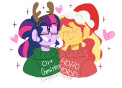 Size: 900x650 | Tagged: safe, artist:campeverfrees, sci-twi, sunset shimmer, twilight sparkle, equestria girls, g4, antlers, blushing, christmas, clothes, eyes closed, female, hat, heart, holiday, lesbian, reindeer antlers, santa hat, ship:sci-twishimmer, ship:sunsetsparkle, shipping, simple background, smiling, sweater, white background