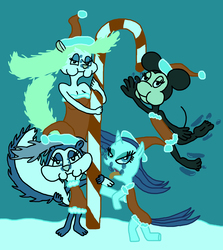 Size: 1980x2220 | Tagged: safe, artist:sb1991, rarity, mink, mouse, pony, skunk, unicorn, g4, animaniacs, candy, candy cane, christmas, clothes, costume, crossover, disney, fifi la fume, food, holiday, minerva mink, minnie mouse, santa costume, seductive, this will end in drowning, tiny toon adventures, underwater