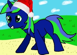 Size: 900x643 | Tagged: safe, artist:cranocast9, oc, oc only, oc:bluebelle, pony, unicorn, christmas, grin, hat, holiday, santa hat, smiling, solo