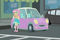 Size: 300x200 | Tagged: safe, screencap, fluttershy, cat, driving miss shimmer, driving miss shimmer: fluttershy, equestria girls, g4, my little pony equestria girls: better together, car, cropped, female, fluttershy's car, mini cooper