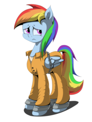 Size: 768x1024 | Tagged: safe, artist:frenkieart, rainbow dash, pony, g4, bound wings, chains, clothes, cuffs, female, prison outfit, prisoner rd, sad, shackles, shirt, solo, undershirt