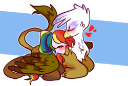 Size: 1498x1010 | Tagged: safe, artist:milky-rabbit, gilda, oc, oc:rainbow feather, griffon, g4, cute, female, heart, hug, interspecies offspring, love, magical lesbian spawn, mother and daughter, offspring, parent:gilda, parent:rainbow dash, parents:gildash, rainbow hair, simple background, transparent background, winghug, wings