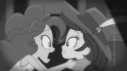 Size: 1272x716 | Tagged: safe, screencap, pinkie pie, rarity, equestria girls, g4, my little pony equestria girls: better together, rarity investigates: the case of the bedazzled boot, rarity investigates: the case of the bedazzled boot: pinkie pie, grayscale, monochrome