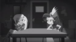 Size: 1272x716 | Tagged: safe, screencap, rarity, trixie, equestria girls, g4, my little pony equestria girls: better together, rarity investigates: the case of the bedazzled boot, rarity investigates: the case of the bedazzled boot: trixie, black and white, clothes, dress, duo, duo female, female, grayscale, long dress, long skirt, monochrome, skirt, table