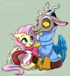 Size: 1024x1116 | Tagged: safe, artist:stepandy, discord, fluttershy, draconequus, pegasus, pony, g4, bottomless, clothes, deviantart, duo, female, male, partial nudity, patreon, simple background, smiling, sweater, sweatershy, watermark
