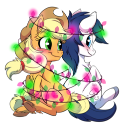 Size: 1024x1028 | Tagged: safe, artist:stepandy, applejack, oc, oc:constance everheart, earth pony, pony, g4, blushing, canon x oc, chest fluff, christmas, christmas lights, cowboy hat, ear fluff, everjack, female, fluffy, hat, holiday, looking back, male, mare, shipping, simple background, sitting, smiling, stallion, straight, transparent background, unshorn fetlocks