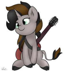 Size: 712x768 | Tagged: safe, artist:seafooddinner, oc, oc only, oc:emerald whiplash, classical unicorn, pony, unicorn, bad guitar anatomy, cloven hooves, commission, female, guitar, horn, leonine tail, mare, musical instrument, simple background, sitting, solo, transparent background, unshorn fetlocks