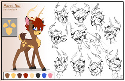 Size: 2000x1300 | Tagged: safe, artist:sirzi, oc, oc only, oc:hazel nut, deer, fordeer, original species, amused, angry, antlers, chest fluff, curious, deer oc, eating, emotions, happy, non-pony oc, palette, reference sheet, sketch, sketch dump, smiling, solo