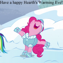 Size: 720x720 | Tagged: safe, edit, edited screencap, editor:korora, screencap, pinkie pie, rainbow dash, g4, tanks for the memories, boots, bronybait, clothes, coat, cropped, hat, hearth's warming eve, shoes, snow