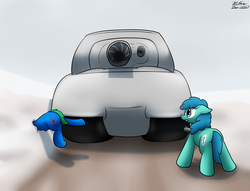 Size: 2407x1839 | Tagged: safe, artist:the-furry-railfan, oc, oc only, oc:interrobang, oc:linework, earth pony, pony, cannon, dirt road, grenade launcher, inflatable, looking up, m79, maus, oh crap, p 235, snow, story included, tank (vehicle), this will end in tears and/or death, this will not end well, weapon
