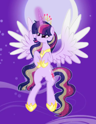 Size: 1109x1437 | Tagged: safe, artist:theapplebeauty, twilight sparkle, alicorn, pony, g4, female, jewelry, moon, night, older, regalia, solo, spread wings, twilight sparkle (alicorn), wings