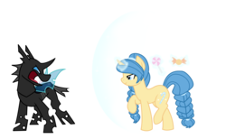 Size: 4566x2806 | Tagged: safe, artist:angalalove, oc, oc only, changeling, pony, unicorn, barrier, female, frown, glare, levitation, lidded eyes, magic, mare, open mouth, raised hoof, raised leg, simple background, smiling, smirk, sparkles, telekinesis, transparent background