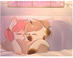 Size: 5000x4000 | Tagged: safe, artist:pesty_skillengton, oc, oc only, oc:mocha latte, oc:strawberry tea, pony, g4, bed, bedroom, cottagecore, couple, cute, female, garland, lesbian, night, oc x oc, shipping, sleeping, ych result